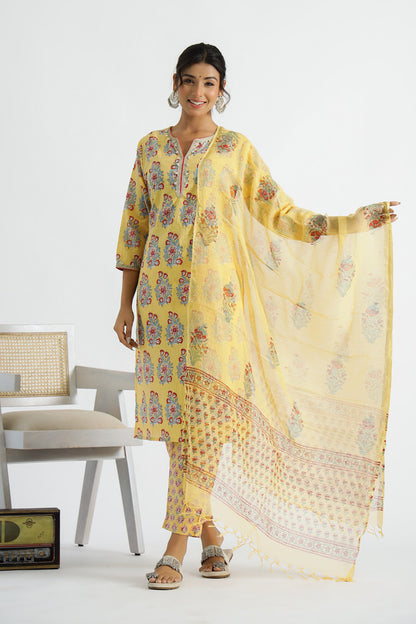 Woman Yellow Buta Kurti With Yellow Floral Salwar And Dupatta