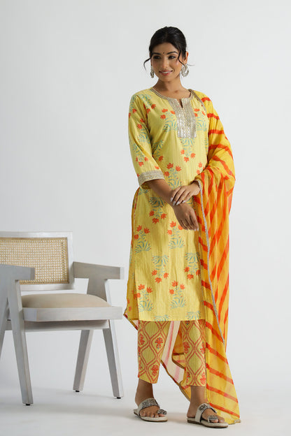 Women Yellow Floral Kurta With Pant And Chiffon Leheriya Dupatta