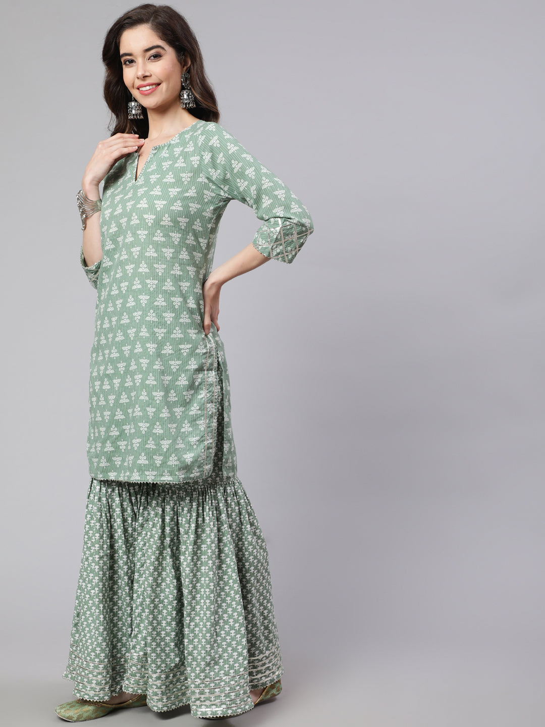 Green Woven Straight Ethnic Printed Embroidered Kurta With Printed Palazzo & Solid Dupatta With Print And Lace Taping