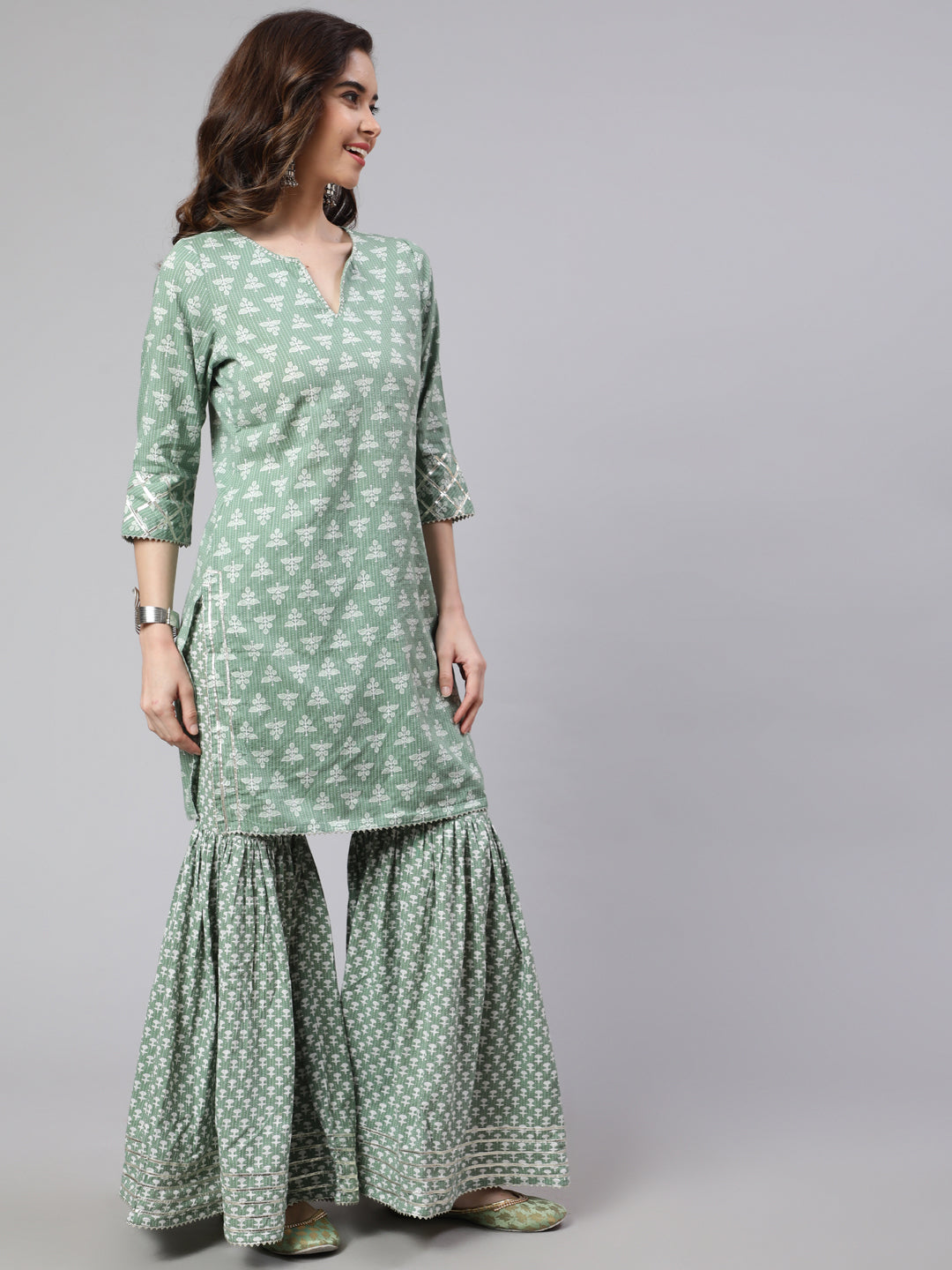 Green Woven Straight Ethnic Printed Embroidered Kurta With Printed Palazzo & Solid Dupatta With Print And Lace Taping