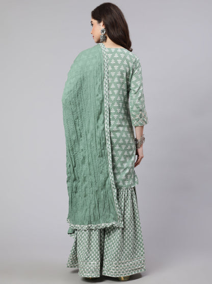 Green Woven Straight Ethnic Printed Embroidered Kurta With Printed Palazzo & Solid Dupatta With Print And Lace Taping