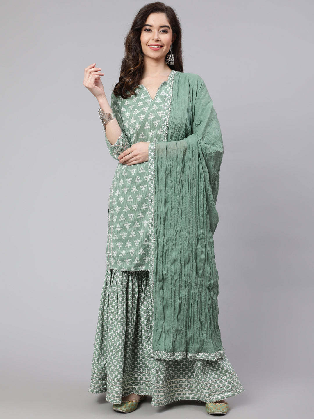 Green Woven Straight Ethnic Printed Embroidered Kurta With Printed Palazzo & Solid Dupatta With Print And Lace Taping