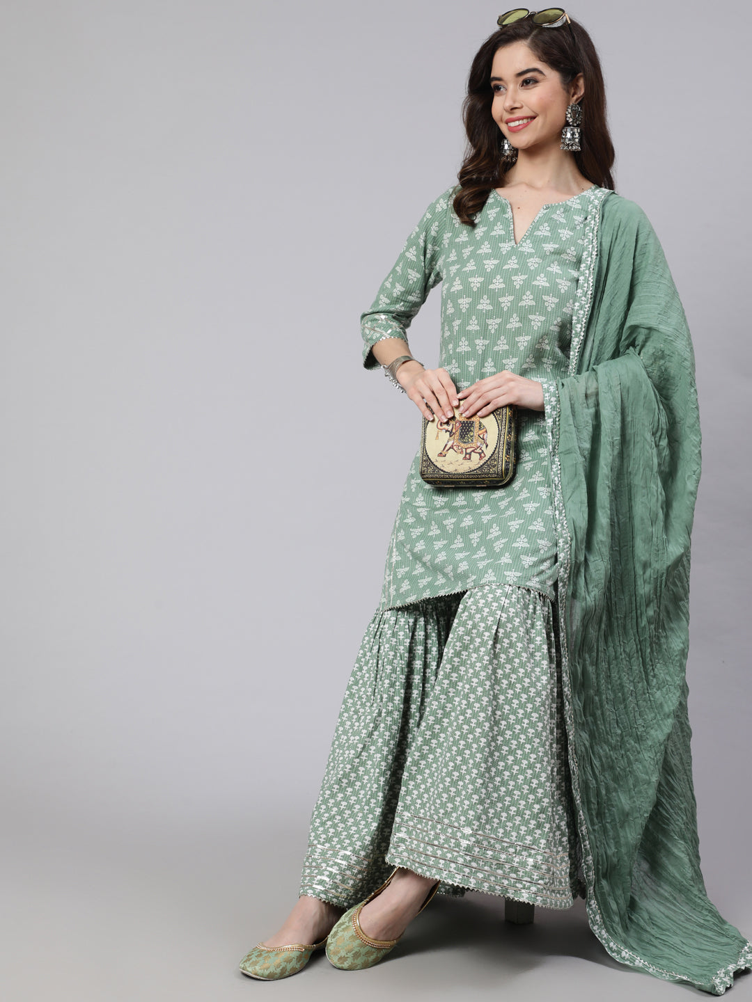 Green Woven Straight Ethnic Printed Embroidered Kurta With Printed Palazzo & Solid Dupatta With Print And Lace Taping