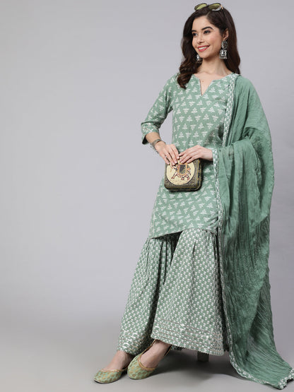 Green Woven Straight Ethnic Printed Embroidered Kurta With Printed Palazzo & Solid Dupatta With Print And Lace Taping