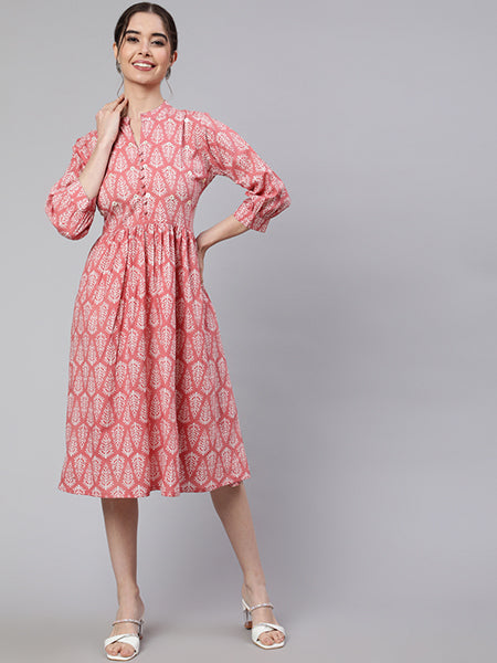 Pink Flared Dress With Button Detail