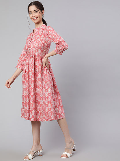 Pink Flared Dress With Button Detail