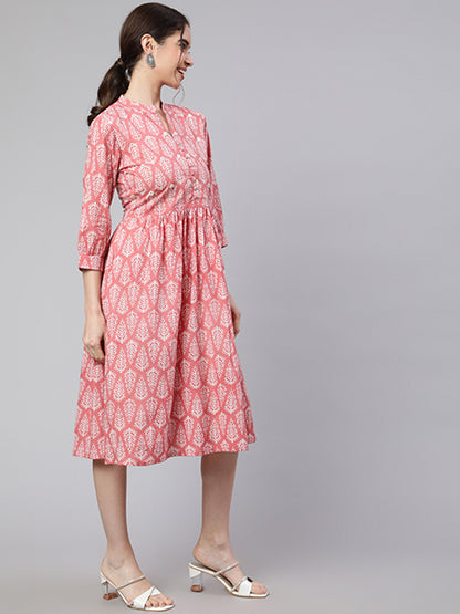 Pink Flared Dress With Button Detail