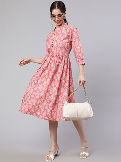 Pink Flared Dress With Button Detail