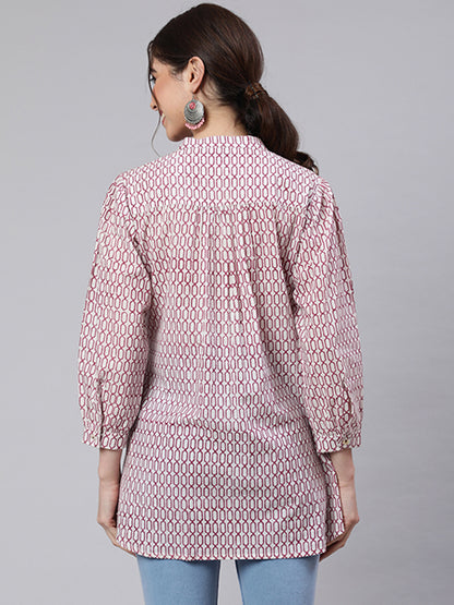 White & Magenta Printed Pleated Short Kurta