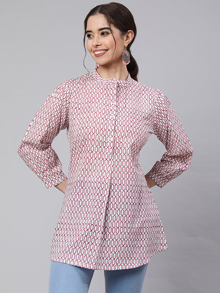 White & Magenta Printed Pleated Short Kurta