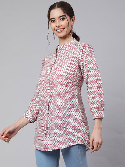 White & Magenta Printed Pleated Short Kurta