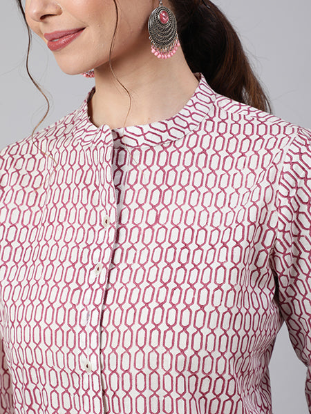 White & Magenta Printed Pleated Short Kurta