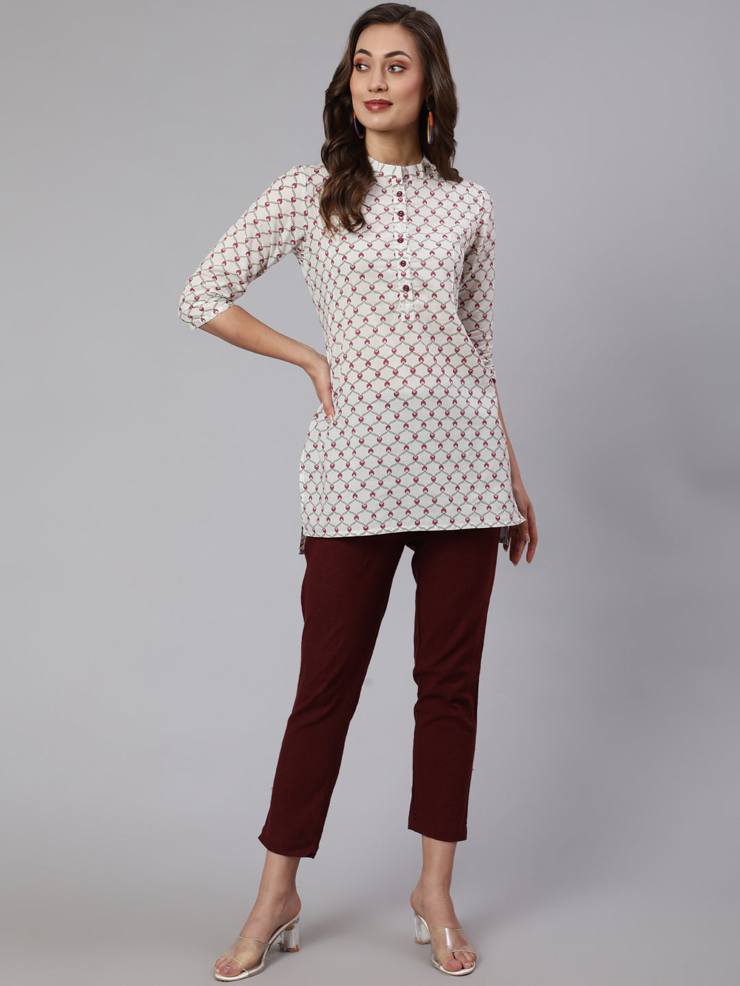 White Geometric Printed Cotton Short Kurta