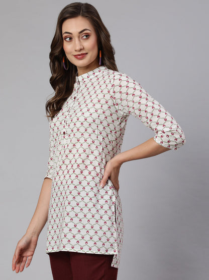 White Geometric Printed Cotton Short Kurta