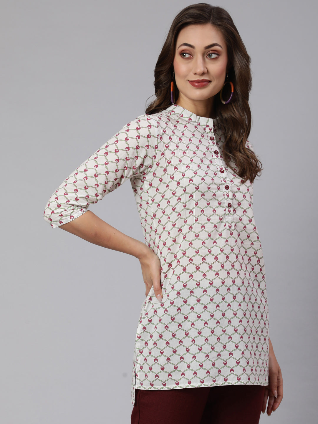 White Geometric Printed Cotton Short Kurta