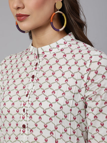 White Geometric Printed Cotton Short Kurta