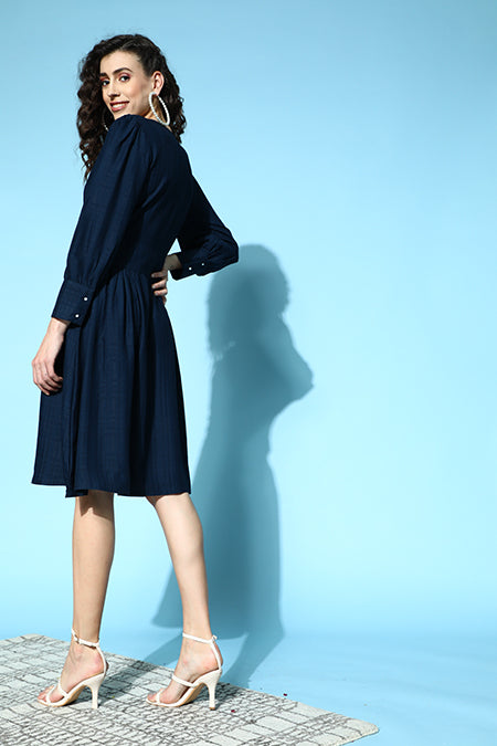 Self Weave Rayon Puff Sleeves Dress