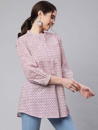 White & Magenta Printed Pleated Short Kurta