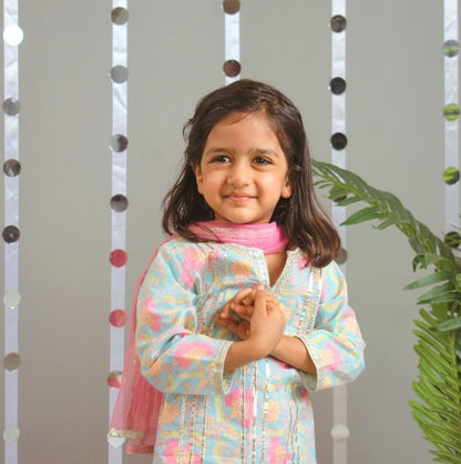 Girls Skyblue Floral Kurti With Pink Sharara And Dupatta