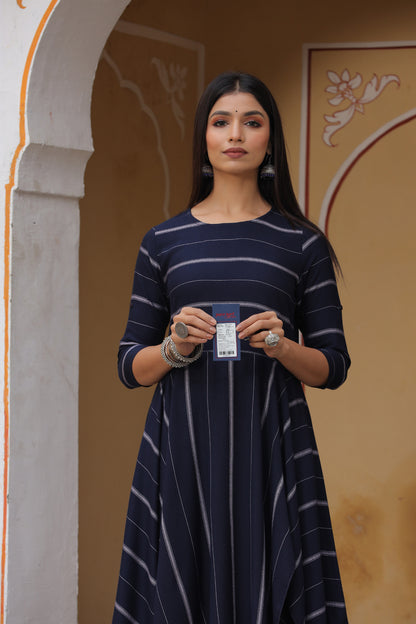 Navy Blue & Off-White Cotton Striped A-Line Dress