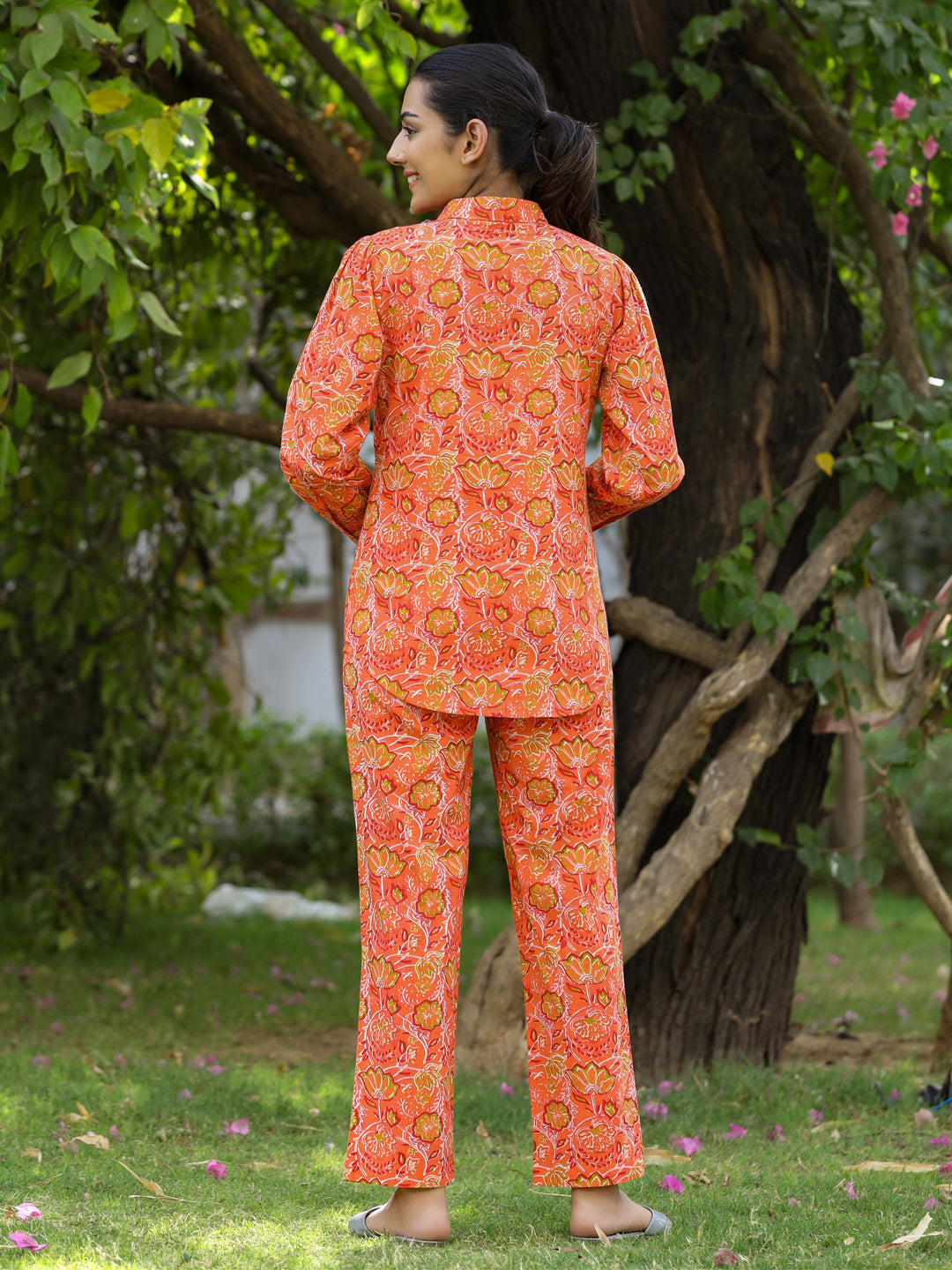 Orange  Ethnic Printed Cotton Shirt With Pants