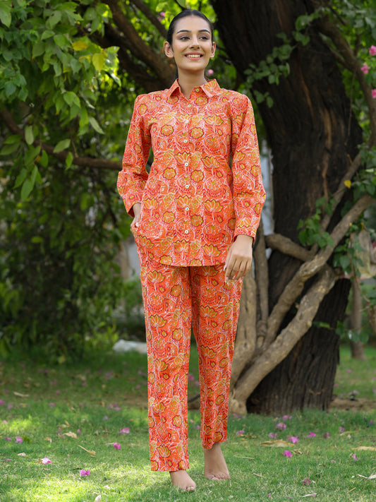 Orange  Ethnic Printed Cotton Shirt With Pants