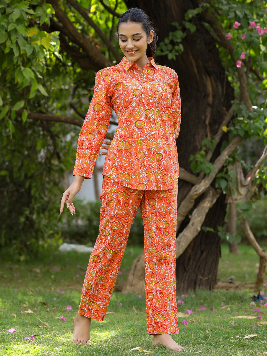 Orange  Ethnic Printed Cotton Shirt With Pants