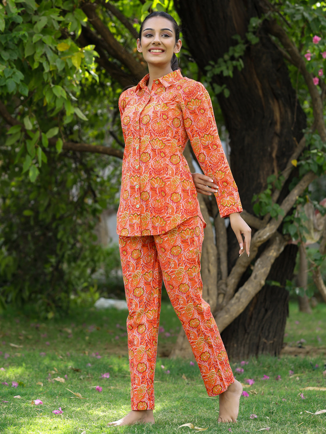 Orange  Ethnic Printed Cotton Shirt With Pants