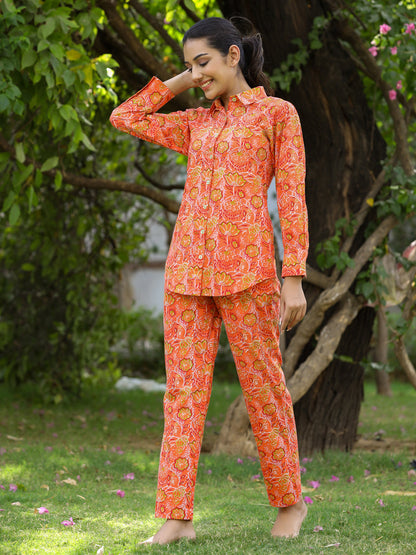 Orange  Ethnic Printed Cotton Shirt With Pants