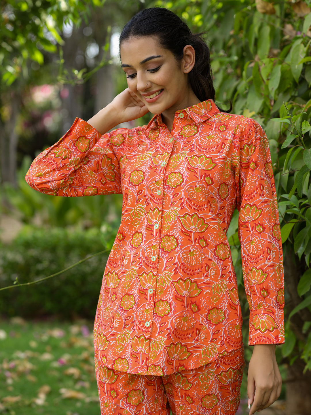 Orange  Ethnic Printed Cotton Shirt With Pants