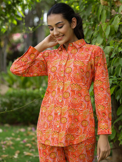 Orange  Ethnic Printed Cotton Shirt With Pants