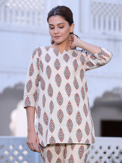 Red Ethnic Print Straight Cotton Flex Short Kurta With Pyjamas