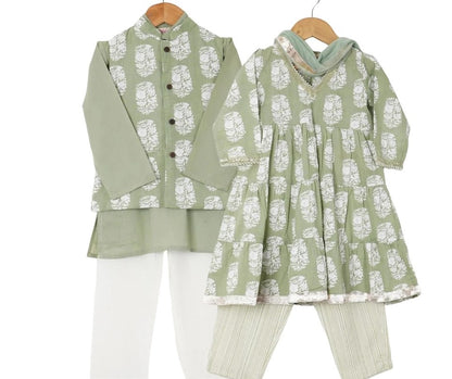 Girls Pastel Green White Buti Kurti With Green Striped Pant And Dupatta