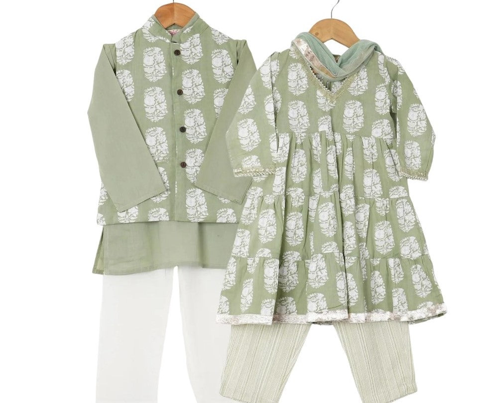 Boys Pastel Green White Buti Jacket With Green Kurta And White Pajama