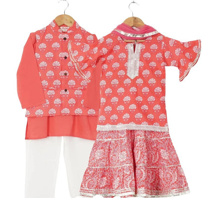 Boys Peach Floral Jacket With Peach Kurta And White Pajama