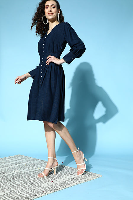 Self Weave Rayon Puff Sleeves Dress