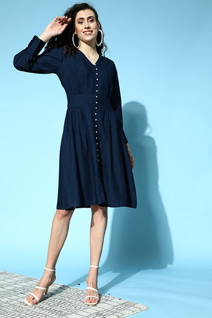 Self Weave Rayon Puff Sleeves Dress