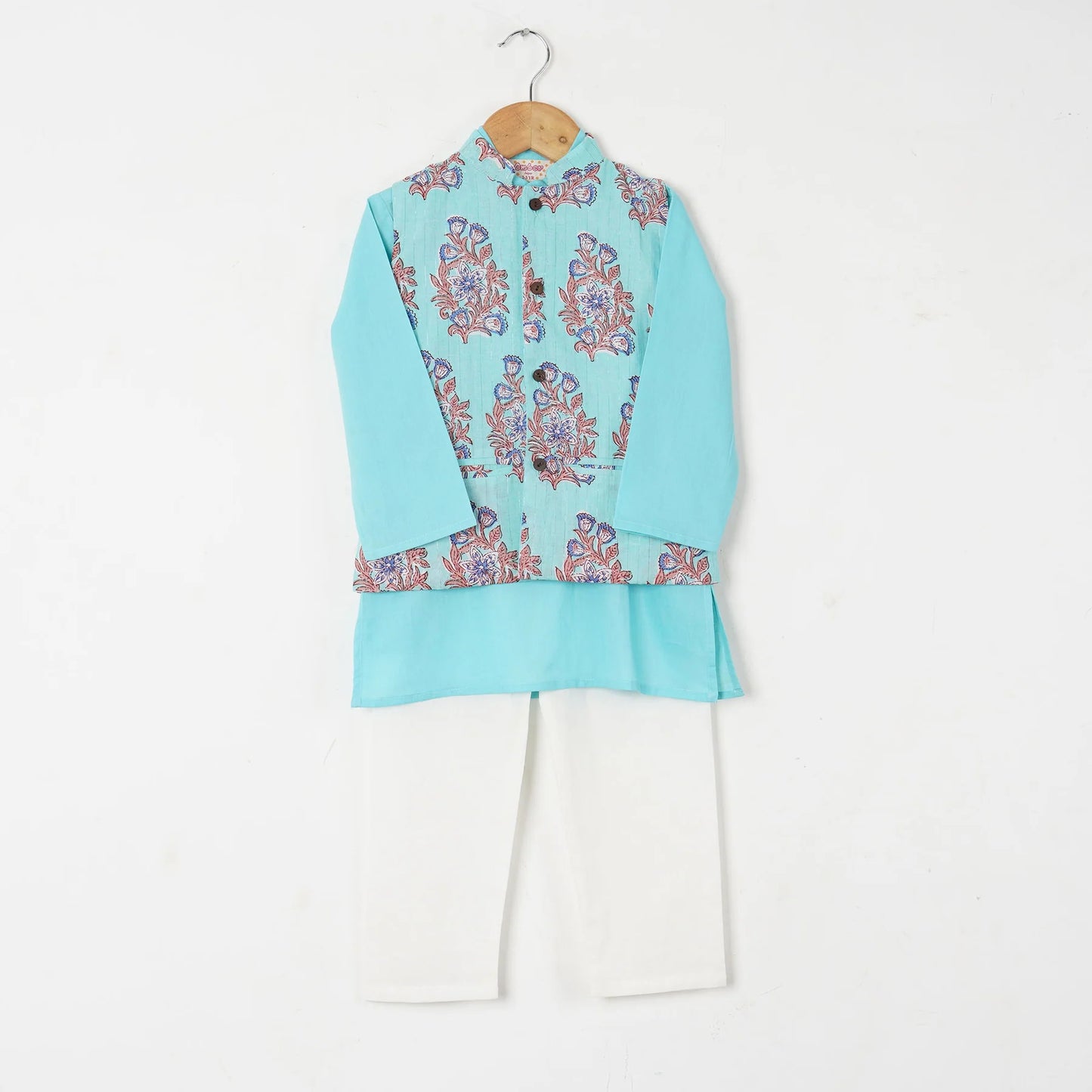 Boys Blue Buta Jacket with Blue Kurta and White Pajama