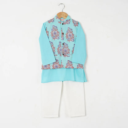 Boys Blue Buta Jacket with Blue Kurta and White Pajama