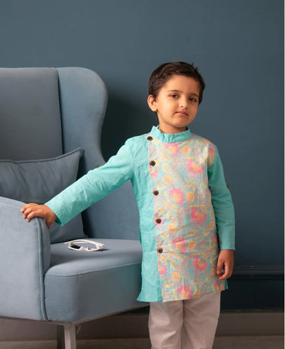 Boys Sky Blue Floral Side Button Kurta With Off White Pajama