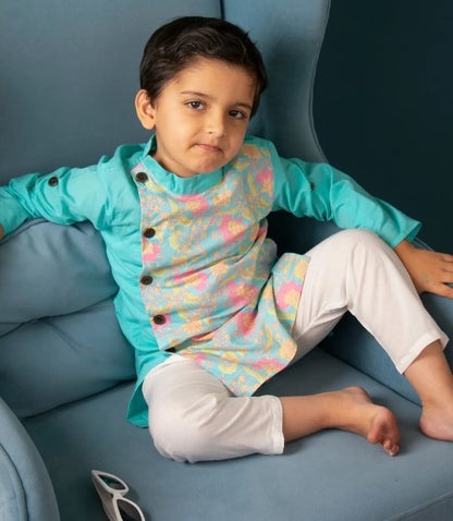 Boys Sky Blue Floral Side Button Kurta With Off White Pajama