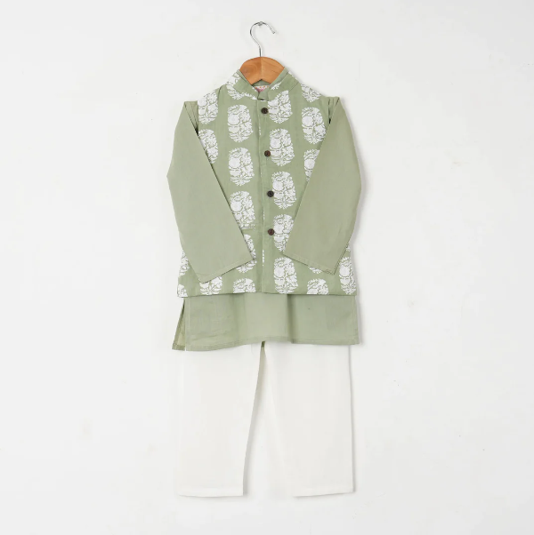 Boys Pastel Green White Buti Jacket With Green Kurta And White Pajama