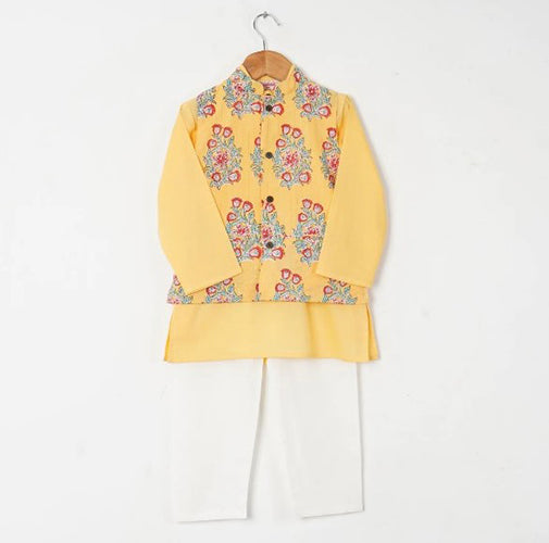 Boys Yellow Buta Jacket With Yellow Kurta And White Pajama