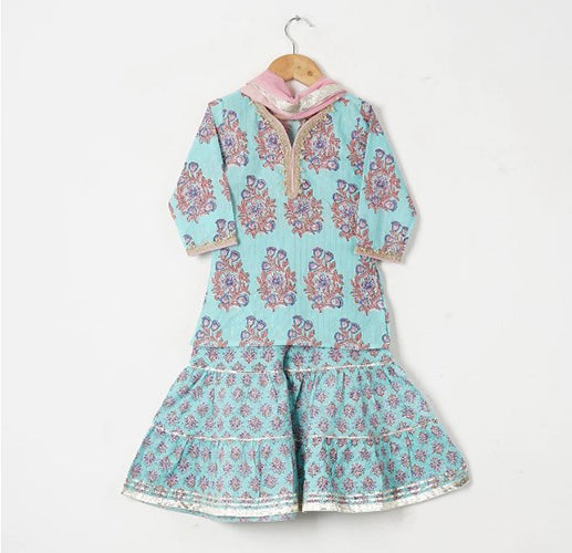 Girls Blue Buta Kurti With Blue Floral Sharara And Dupatta