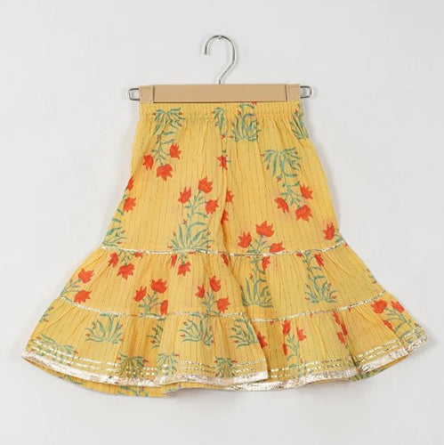 Girls Yellow Floral Yoke Kurti With Yellow Floral Sharara And Dupatta