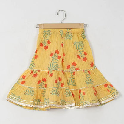 Girls Yellow Floral Yoke Kurti With Yellow Floral Sharara And Dupatta