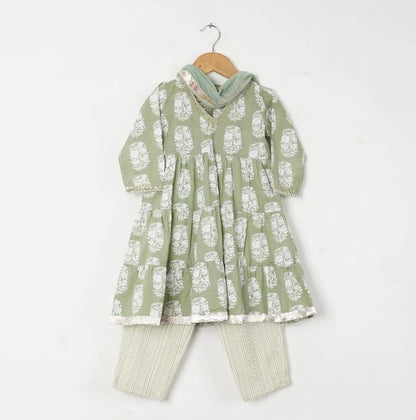 Girls Pastel Green White Buti Kurti With Green Striped Pant And Dupatta