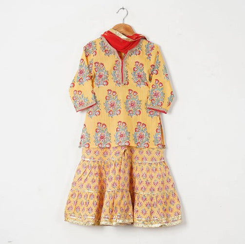 Sunshine Splendor - Girls Yellow Buta Kurti With Floral Sharara and Dupatta