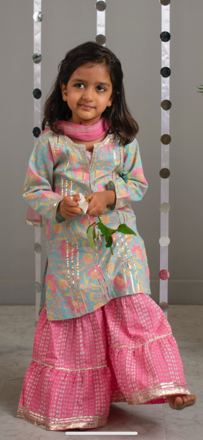 Girls Skyblue Floral Kurti With Pink Sharara And Dupatta