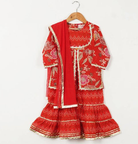 Ravishing Red - Girls Red Floral Yoke Kurti With Leheriya Sharara And Dupatta